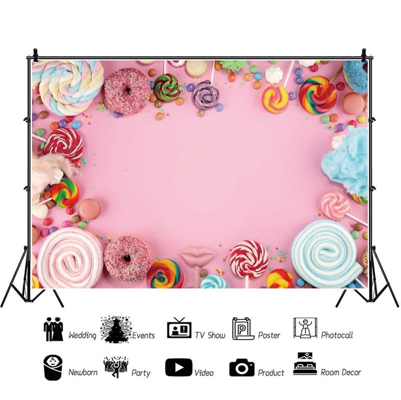 DORCEV 8x6ft Candy World Photography Backdrop for Kids Birthday Party Baby Shower Background Sweet Pink Wall Lollipop Candy Doughnut Bckground Kids Portrait Photos - Image 2